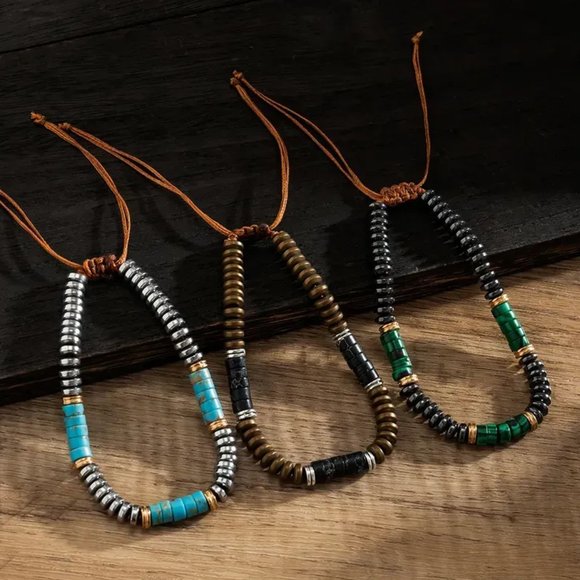 Green Malachite Natural Stone & Gray Alloy Beaded Adjustable Rope Bracelet NEW - Picture 6 of 9